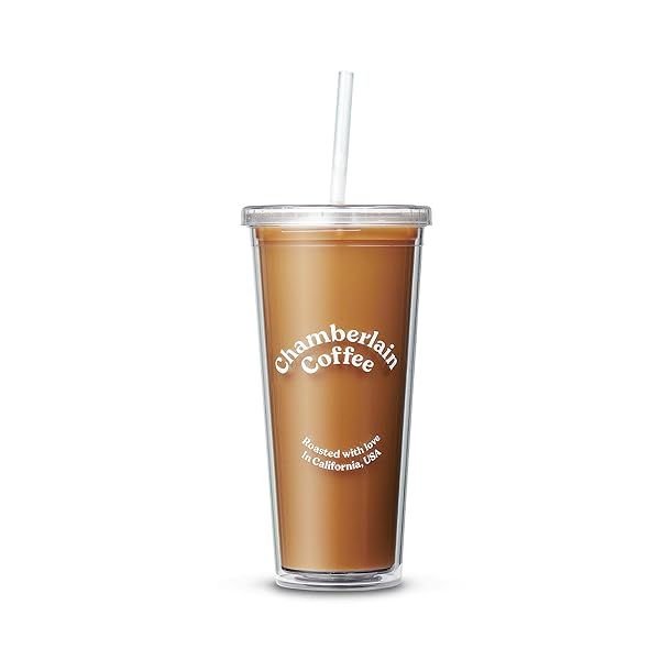 Chamberlain Coffee Tumbler: 24 Oz Insulated Clear Cup with Lid & Straw for Iced Coffee, Cold Brew & Matcha