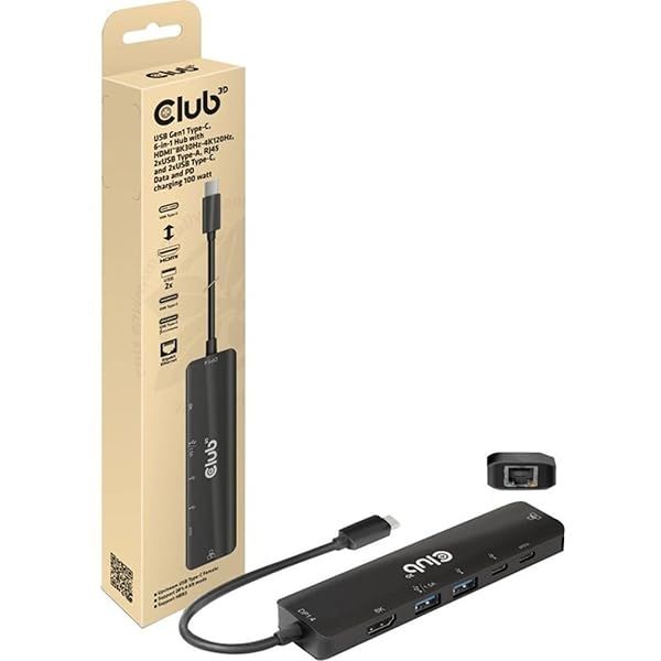 Club 3D CSV-1596 USB Gen1 Type-C 6-in-1 Hub: HDMI 8K/4K, 2xUSB-A, RJ45, 2xUSB-C, 100W PD Charging
