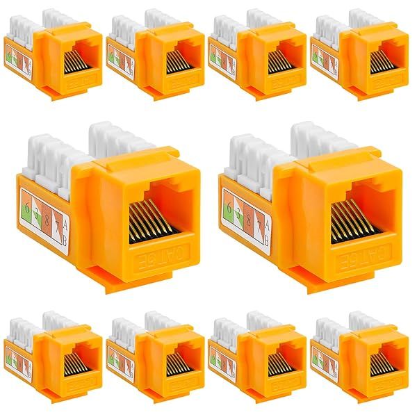 Cmple 10 Pack Cat5e Keystone Jack Insert Punch Down RJ45 Connectors 90 Degree Female for Wall Plates and Ethernet Cables Yellow