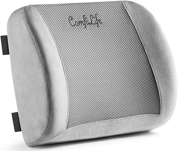 ComfiLife Lumbar Support Pillow - Memory Foam Back Cushion for Office Chair & Car Seat with Adjustable Strap & Breathable Mesh (Gray)