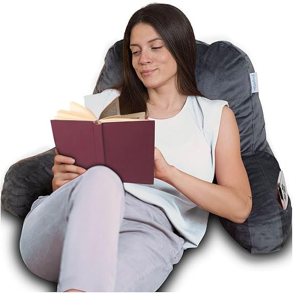 ComfortSpa Reading Pillow for Bed: Large Grey Backrest with Arms & Pockets - Ideal for Bedrest & GERD Relief