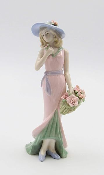 "Cosmos Gifts Fine Porcelain Lady Figurine with Pink Rose Basket - 7.875" Decorative Collectible"