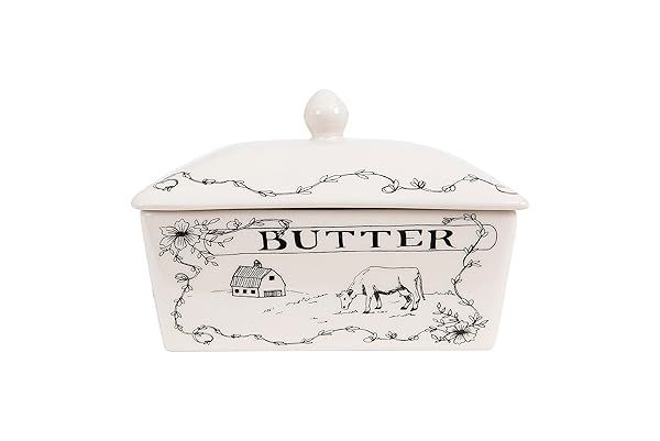 Creative Co-Op Stoneware Butter Dish with Lid - 'Spread the Love' Farm Design in White & Black