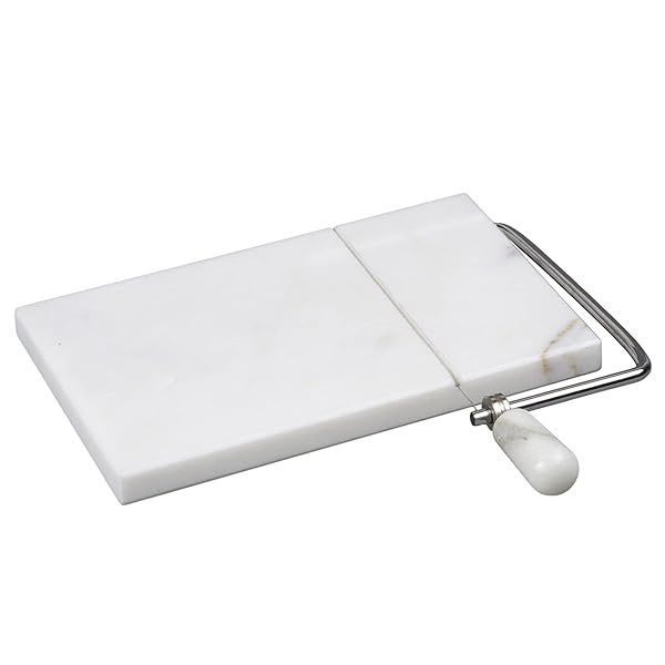 "Natural Marble Cheese Slicer & Butter Cutter - 5x8" Off-White with Replacement Wire | Elegant Kitchen Tool"