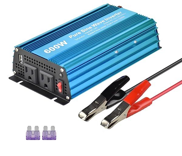 DC 12V to AC120V 600W Pure Sine Wave Power Inverter with Dual Sockets and USB Output for Small Appliances