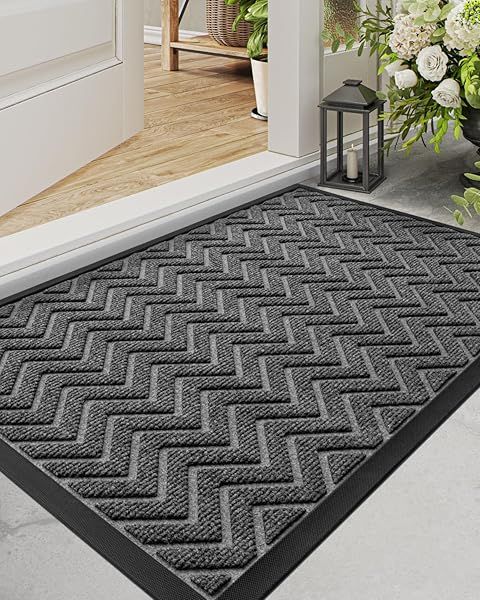 "DEXI Heavy Duty Door Mat 48"x24" - Stain & Fade Resistant, Non-Slip Indoor/Outdoor Chevron Mat in Dark Grey"