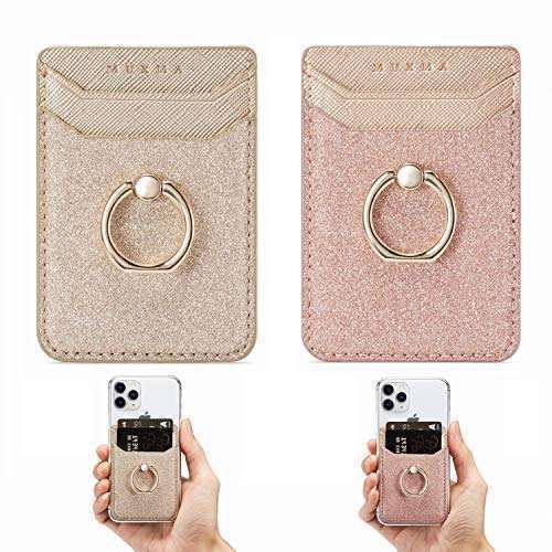DMaos RFID Phone Card Holder Sleeve with Kickstand - 2 Glitter Wallets for iPhone & Android - Pink & Gold