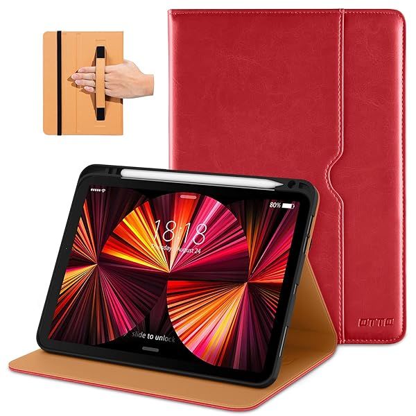 DTTO iPad Pro 11 Inch Case Premium PU Leather Folio Stand Cover with Hand Strap Auto Wake Sleep Multiple Viewing Angles Red