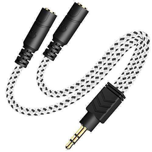 DUKABEL 3.5mm Audio Splitter Cable - Knitted TRS Headphone Splitter for Earphones & Speakers - Zebra White