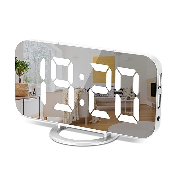"6" LED Digital Alarm Clock with Dual USB Charger | Auto Dimmer & Easy Snooze | Modern Mirror Design for Bedroom & Office"