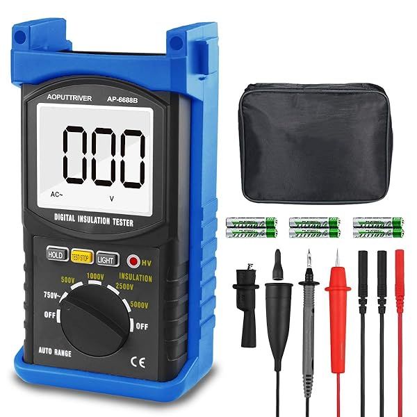 AP-6688B Digital Insulation Resistance Tester: Auto Range Megohmmeter with 1999 Counts, 500V-5000V, Data Hold & Backlit Display