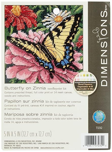 "Dimensions 07232 Butterfly & Zinnias Needlepoint Kit - 5" W x 5" H for Nature Lovers"