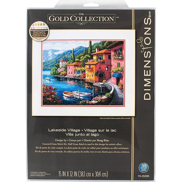 Dimensions 70-35285 Gold Collection Seaside Summer Village Cross Stitch Kit - 16 Ct Light Blue Aida, Ideal for Summer Crafts!