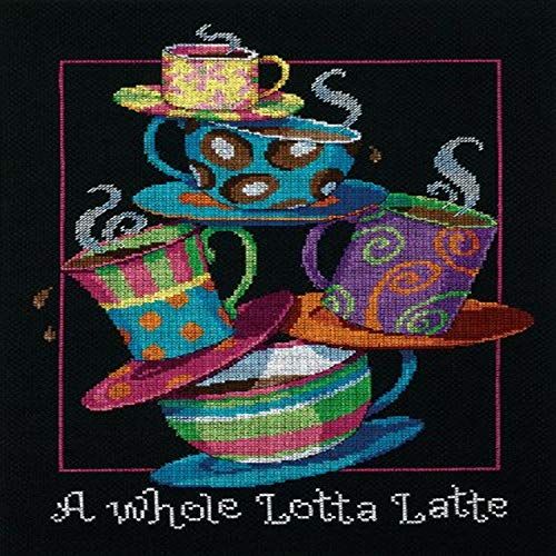 "Dimensions 'A Whole Lotta Latte' Cross Stitch Kit - 14 Count Black Aida, 11" x 14" - Perfect for Coffee Lovers!"