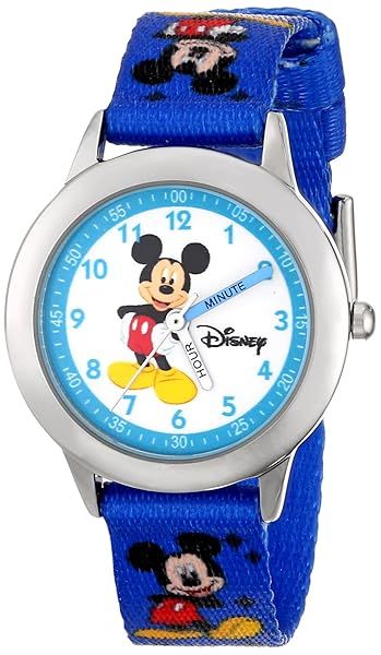Disney Kids Time Teacher Mickey Mouse Stainless Steel Watch with Printed Nylon Band for Easy Learning