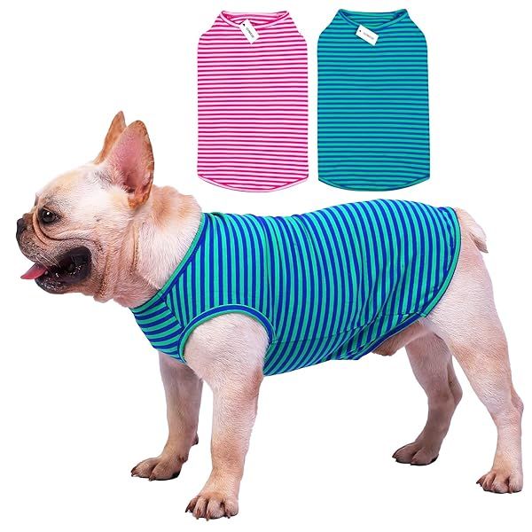 Cotton Striped Dog Shirts Breathable Vest for Puppies and Cats Soft Stretchable Sleeveless Tee in Pink and Green for Boys and Girls XS