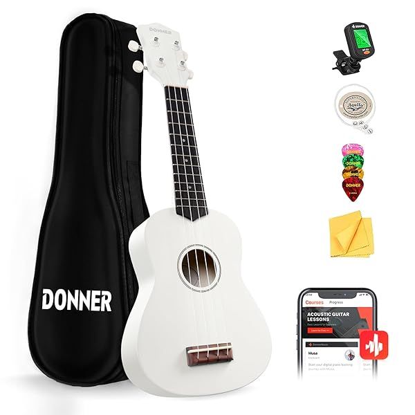 Donner Soprano Ukulele for Beginner 21 Inch Matte Ukulele Beginner Kit with Bag Strap Tuner Strings Picks Cloth, Free Online Lessons (White)