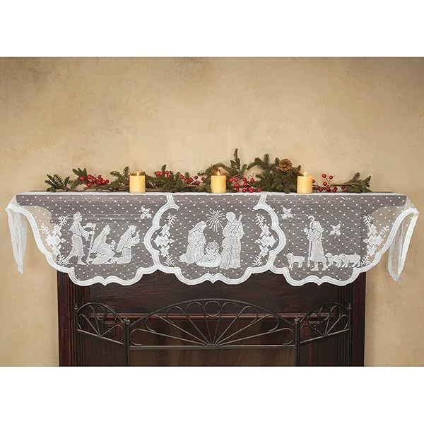 "DoubleWood 20"x90" White Lace Christmas Fireplace Scarf & Table Runner - Elegant Holiday Decor for Mantles & Tables"