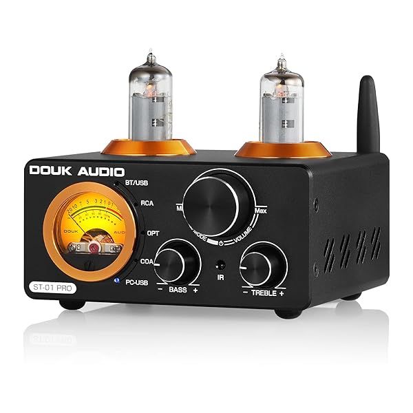 Douk Audio ST-01 PRO 200W Bluetooth Amplifier, 2 Channel Vacuum Tube Power Amp with USB DAC Coaxial Optical Inputs VU Meter Treble Bass Control for
