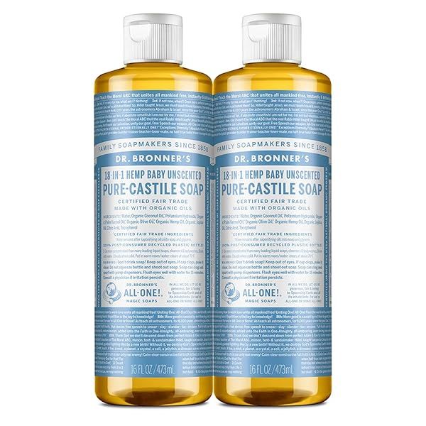 Dr. Bronner's Baby Unscented Pure-Castile Soap 16oz 2-Pack - Organic, 18-in-1 Uses for Sensitive Skin & Babies