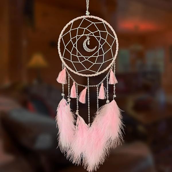 Handmade Pink Feather Dream Catcher Native American Wall Hanging for Boys and Girls Bedroom Nursery Decoration Gift