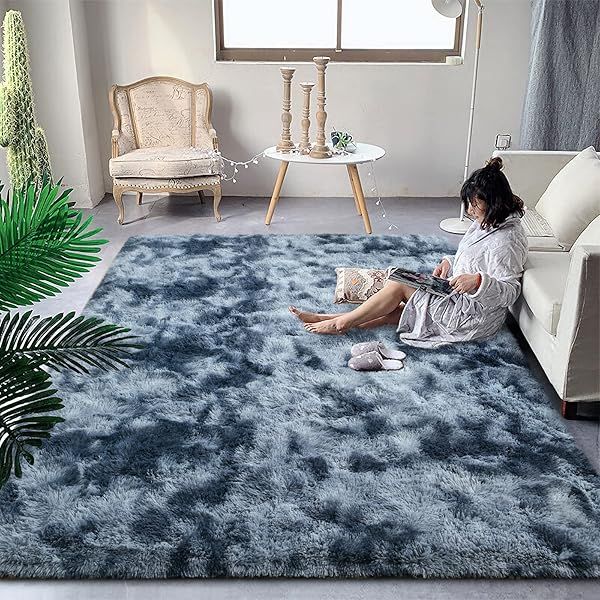 DweIke Fluffy Blue Grey Rugs 4x6 Feet Soft Plush Shaggy Non-Slip Machine Washable Carpet for Bedroom Living Room Kids Nursery Decor