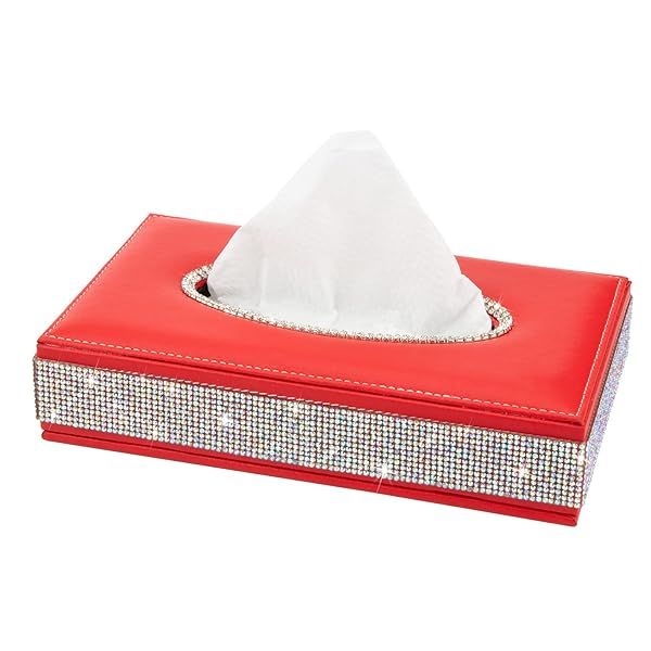 EING Rectangle Tissue Box Cover Decorative Holder in Bling Crystal Diamonds Premium Leather for Car Office Home Red