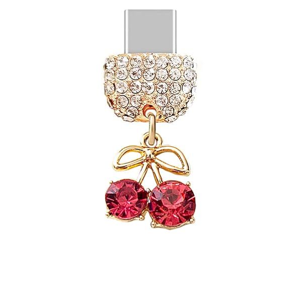 ELISE and FONDA TP213 Type-C Charging Port Crystal Anti Dust Plug Little Cherry Pendant Cell Phone Charm for Samsung Galaxy OnePlus Xiaomi oppo