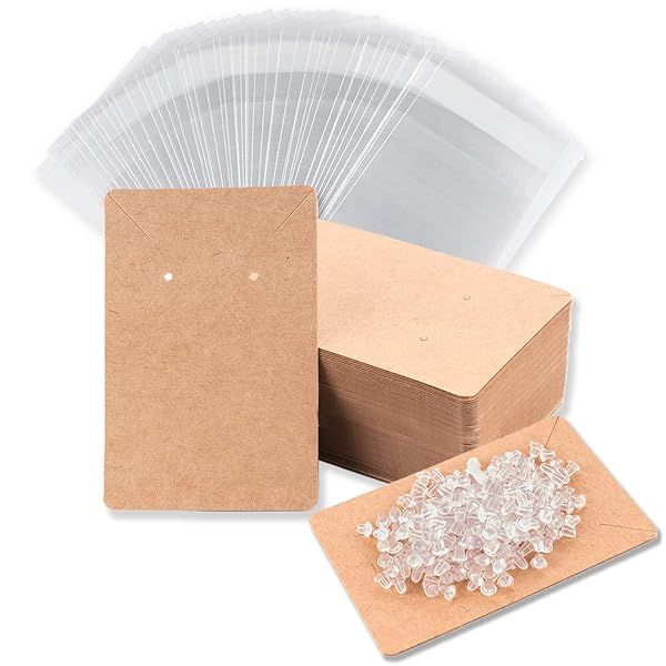 100 Earring Display Cards & 200 Earring Backs - Jewelry Packaging for Earrings & Necklaces (3.5x2.4 Inches, Brown)