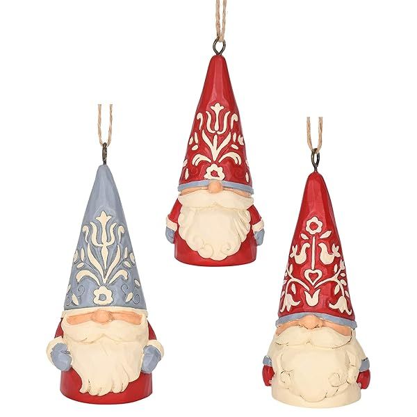Enesco Jim Shore Heartwood Creek Nordic Noel Gnomes Miniature Hanging Ornament Set, 3" H, Dirty White, Red, Grey