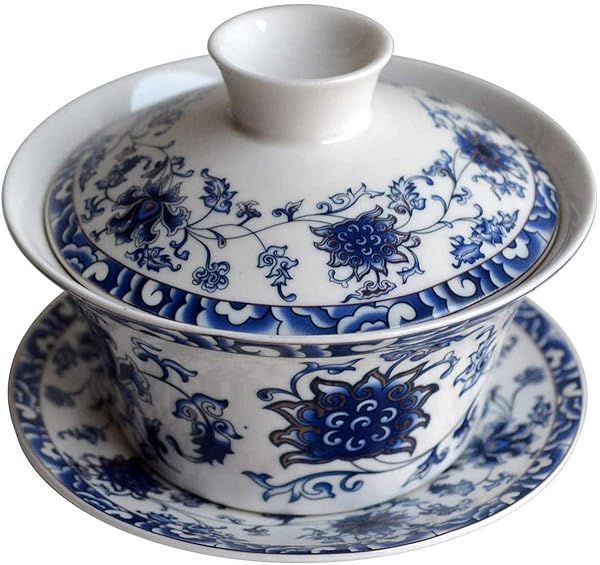 Eplze YBK Tech 10oz Large Gaiwan Porcelain Kung Fu Tea Cup with Saucer and Lid Traditional Chinese Sancai Tea Bowl