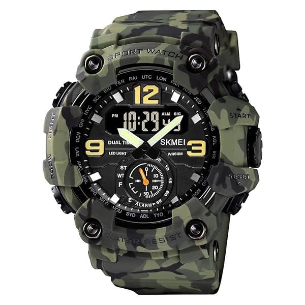 FANMIS Mens Analog Digital Dual Display Sports Watch Military Waterproof LED Alarm Stopwatch for Outdoor Running Swimming Y Green Camouflage
