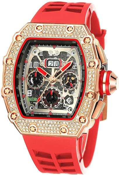 FANMIS Men's Bling Punk Diamond Chronograph Watch - Stylish Red Rose Silicone Sports Wrist Watch