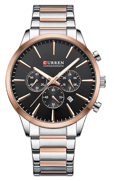 FANMIS Men's Luxury Quartz Watch Casual Analog Calendar Chronograph Stainless Steel Waterproof Black Rose