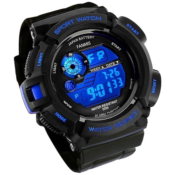FANMIS Mens Military Digital LED Waterproof Sports Watch with Alarm and Quartz Movement in Blue