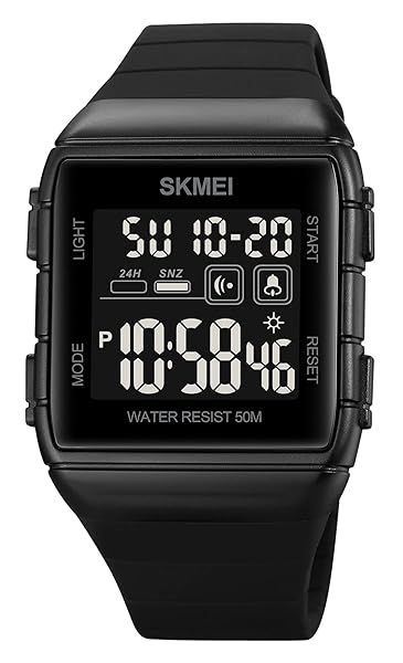 FANMIS Mens Military Digital Watch 50M Water Resistant with 7 Color LED Backlight Black Sports Style