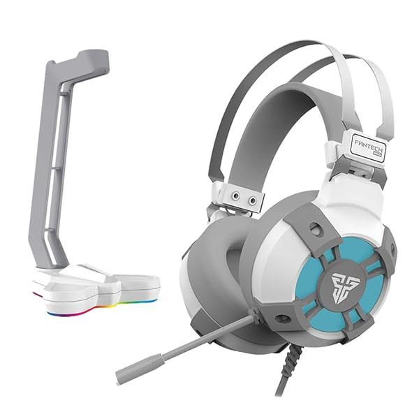 FANTECH USB RGB Gaming Headset and Stand Combo 71 Surround Sound Wired Headphones with Mic and Hanger for PC White