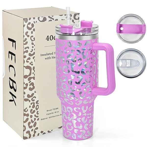 FECBK 40 oz Tumbler with Handle and Straw Leak Proof Stainless Steel Insulated Coffee Cup Keeps Cold for 34 Hours Dishwasher Safe Lavender Rose Leopard