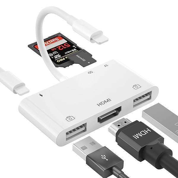FEINODI 6-in-1 Lightning to HDMI Adapter: Connect iPhone to TV, Charge, & Use SD Card Reader - Plug & Play Convenience