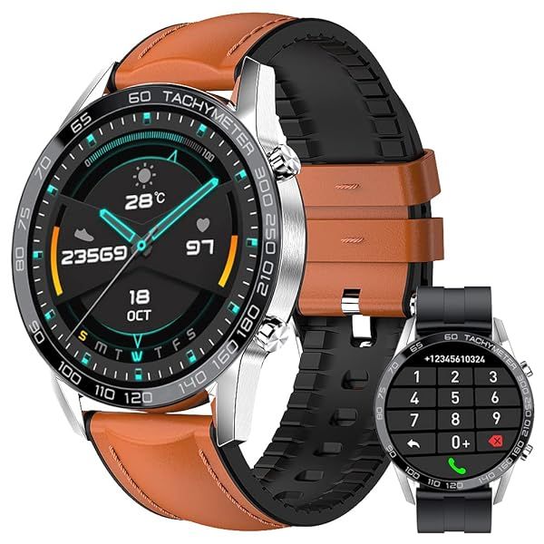 FILIEKEU Leather Men Smart Watch for Android iOS, Bluetooth Calls Voice Chat with Heart Rate Fitness Tracker, 1.3" Full Touch Screen IP67 Waterproof