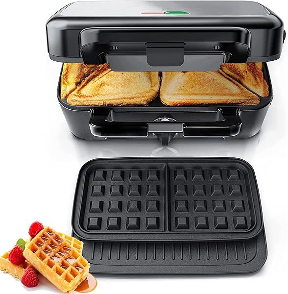 FOHERE 3 in 1 Waffle Maker Sandwich Maker 1200W Panini Press Non-stick Easy Clean with Removable Plates and Temperature Control Silver Black