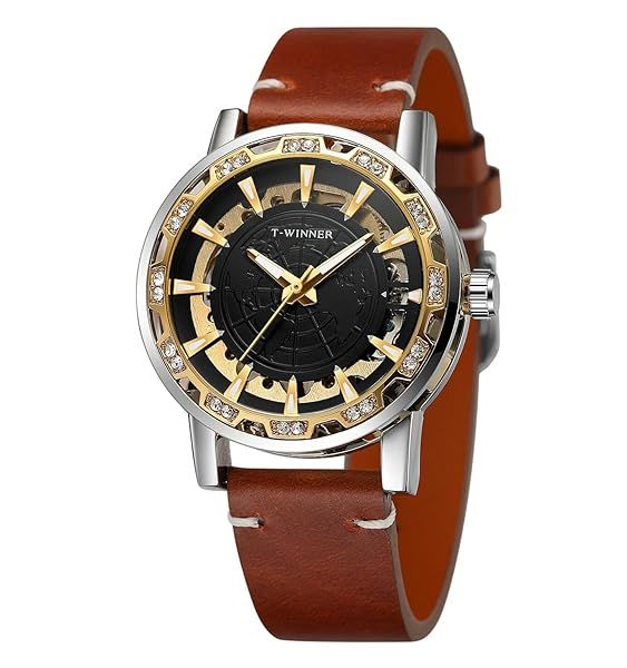 Forsining Men Manual Wind Mechanical Skeleton World Map Carve Analog Watch Genuine Leather Strap