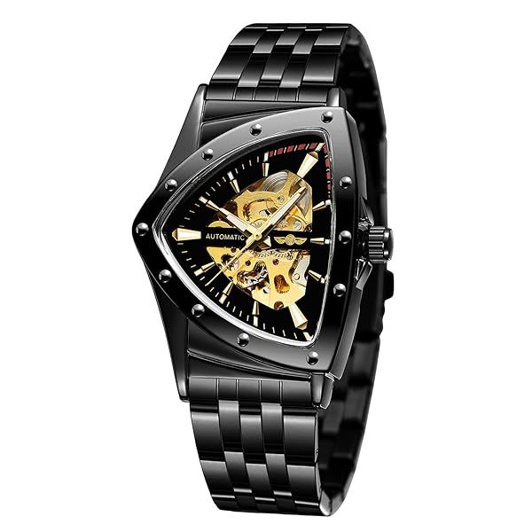 FORSINING Men's Watch 30M Waterproof Skeleton Hollow Automatic Retro Triangle Wrist Watch (Upgrade Black)