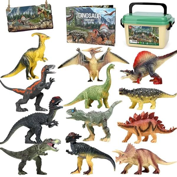 FRUSE Jurassic Dinosaur Toys 12 PCS Realistic Jumbo Figurines Educational Playset with Dino Book for Kids Ages 3 to 5