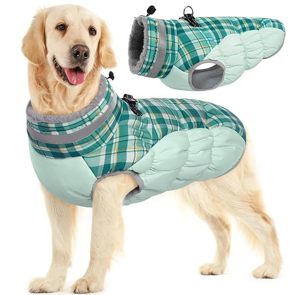 FUAMEY Dog Winter Coat with Harness Padded Vest for Cold Weather Reflective Jacket for Small to Large Dogs Green Plaid