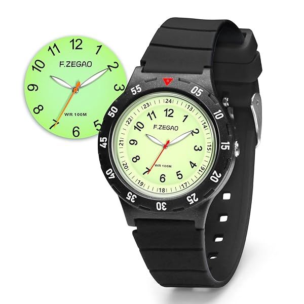 FZEGAO Kids Analog Watch Waterproof for Boys and Girls Age 3-12 with Black Silicone Band Learning Time Feature