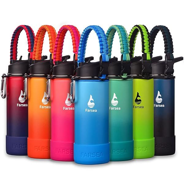 Farsea Insulated Water Bottle 18 oz with Paracord Handle and 2 Lids Stainless Steel Double Wall Sweat Proof BPA Free Wide Mouth