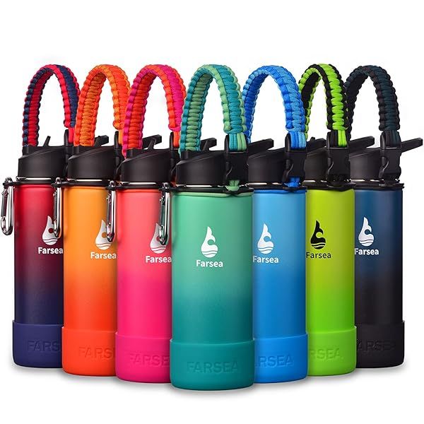 Farsea Insulated Water Bottle 18 oz with Paracord Handle and 2 Lids Stainless Steel Double Wall Sweat Proof BPA Free Wide Mouth
