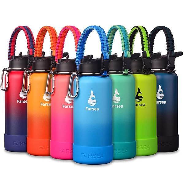 Farsea 32 oz Insulated Water Bottle with Paracord Handle and Silicone Boot Double Wall BPA-Free Wide Mouth Straw and Spout Lids