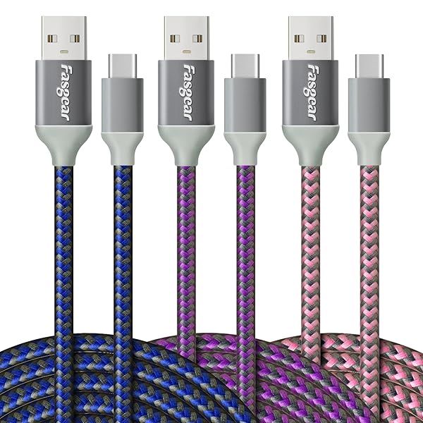 Fasgear 10ft USB C to A Cables 3 Pack - Fast Charging, Nylon Braided, Compatible with Galaxy S20, Note 10, LG, Moto G, PS5 (Blue, Purple, Pink)